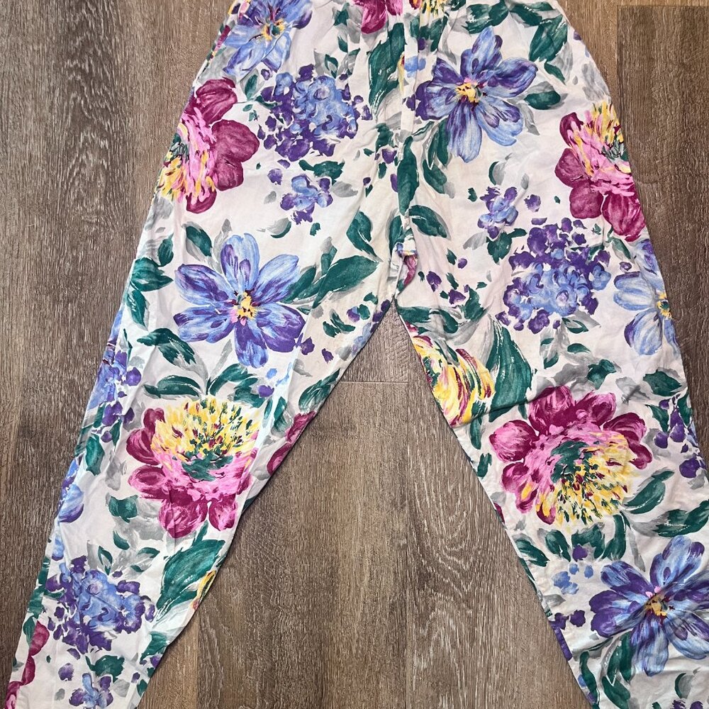 Vintage 90s Floral Print High-Waisted Leggings - Pink & Purple - Size M - Picture 2 of 5